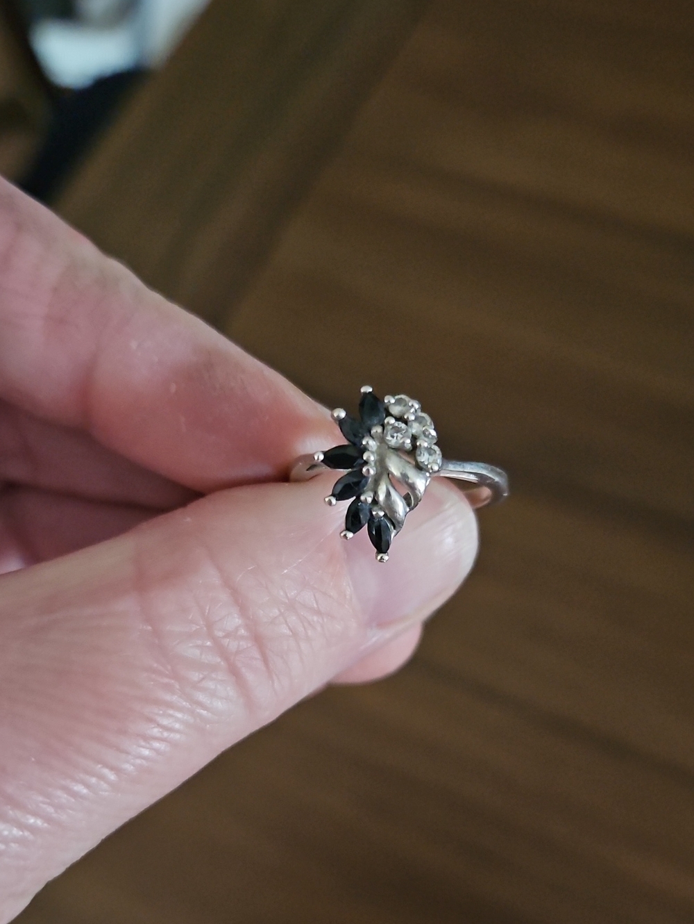 VINTAGE RJ Graziano Sterling Silver Black and CZ Marquise Cluster Ring